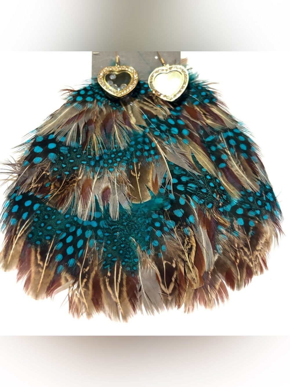 Blue Teal Spotted Feather Heart Drop Earrings